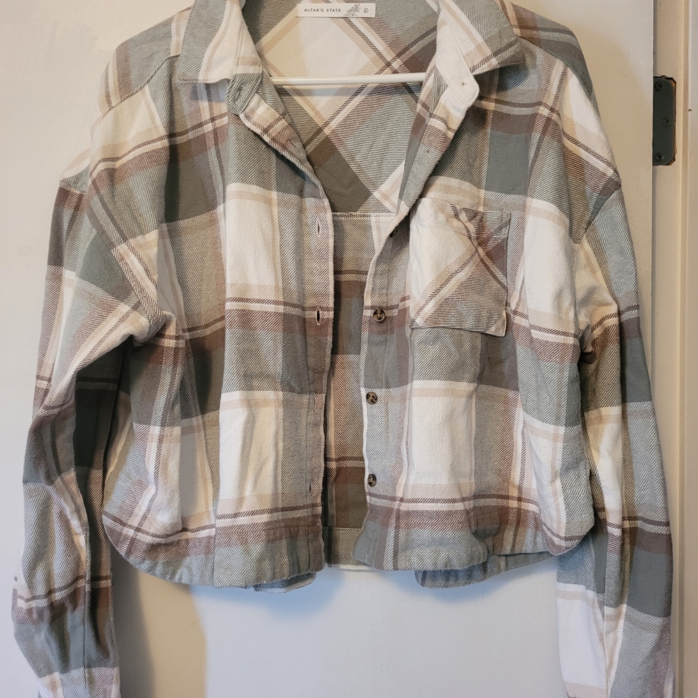 Altar'd State Plaid Button Down Shirt - Gray, Cream, and Brown